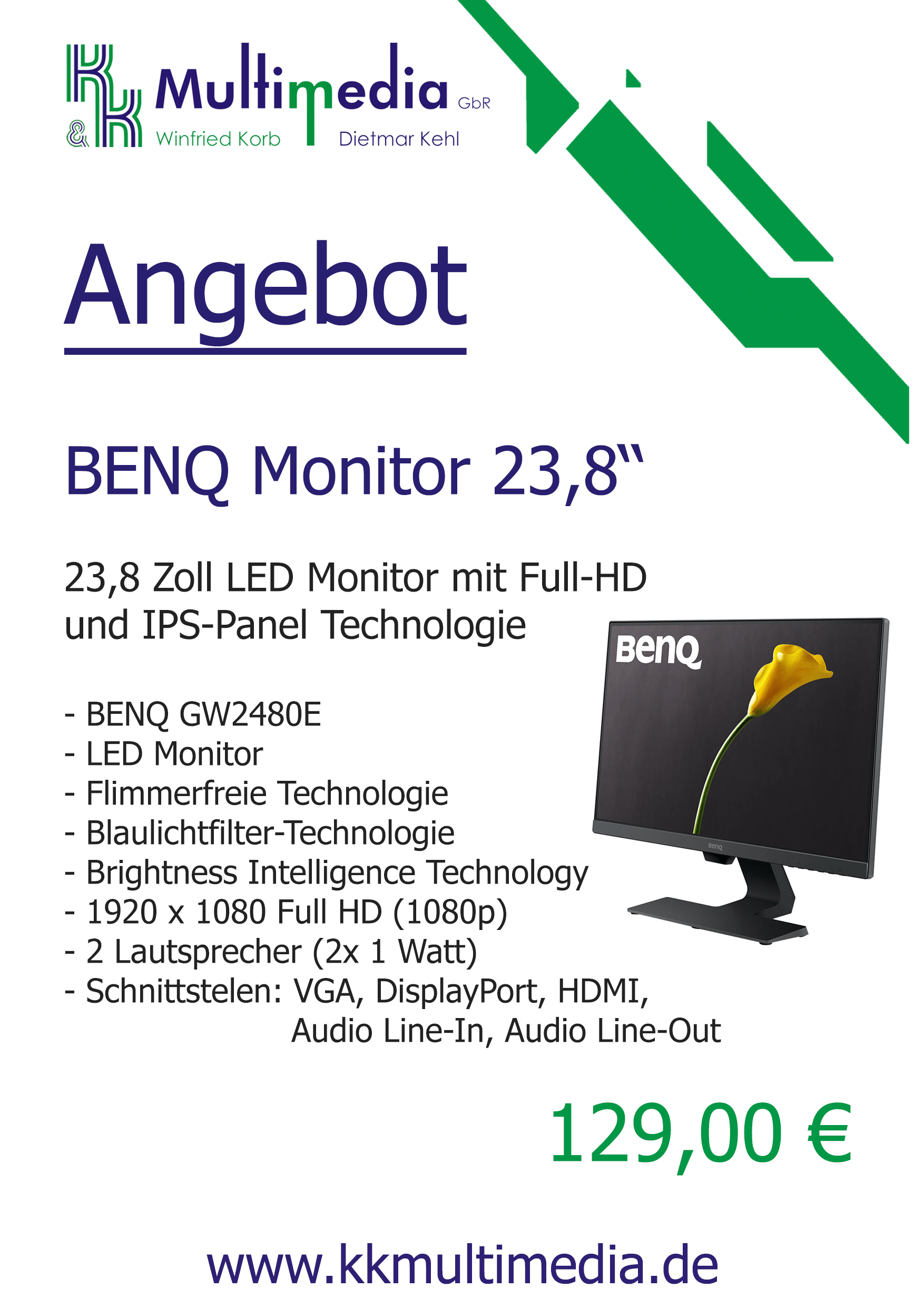 BENQ 23,8 Zoll LED Monitor mit Full-HD und IPS-Panel Technologie